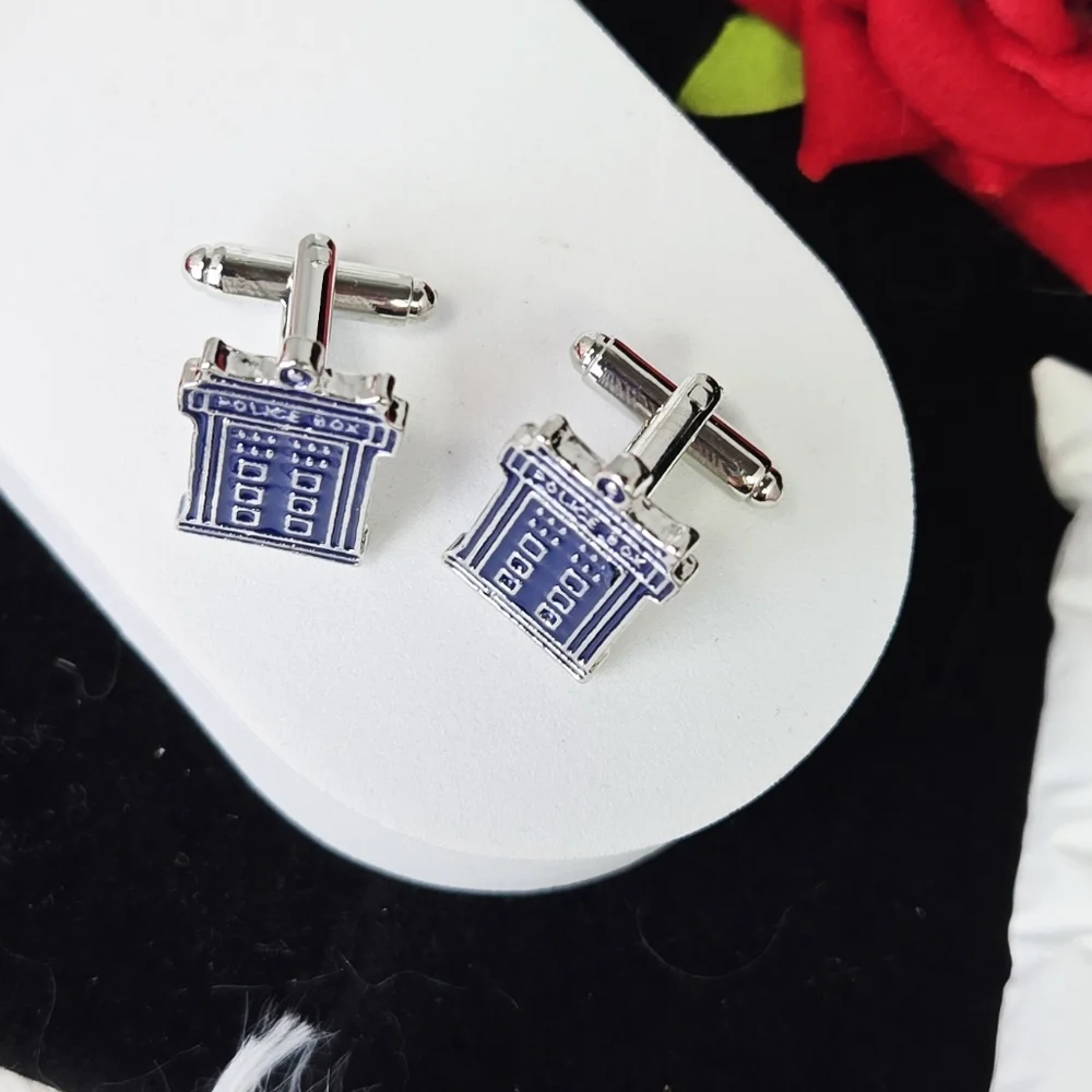 Blue Police Box Cufflinks Time Travel Sci Fi British TV Fan Geek Groom Dr Who